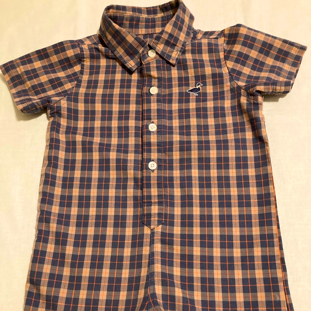 Properly Tied Boy’s One Piece Shortall Size 6/9 Months Brown Multicolor Plaid